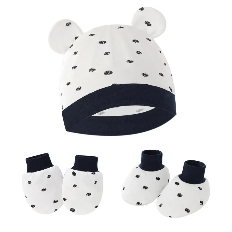 Комплект из 3 перчаток и носков для новорожденных, хлопковая детская шапочка с милым принтом в форме уха, реквизит для фотосъемки, аксессуары для младенцев, подарок на день рождения
