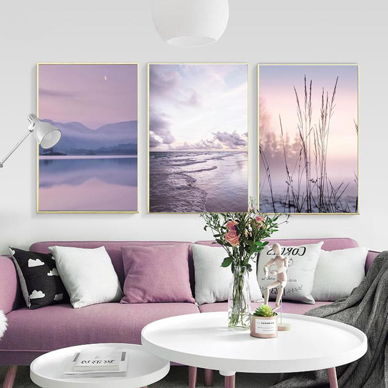 Nature Landscape Canvas Painting Beige Purple Flower Sunset Scandinavian Art Poster Print Nordic Room Wall Decoration Picture
