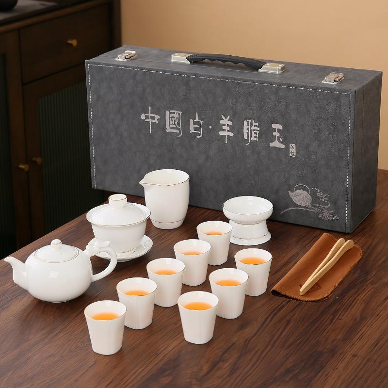 High-end suet jade white porcelain set, kung fu tea set, cover bowl travel set, company gifts can be added to customers