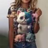 Футболки с 3D-принтом кошки, летние женские футболки с круглым вырезом и коротким рукавом, топ в стиле харадзюку, Y2k, повседневные футболки оверсайз, женская одежда