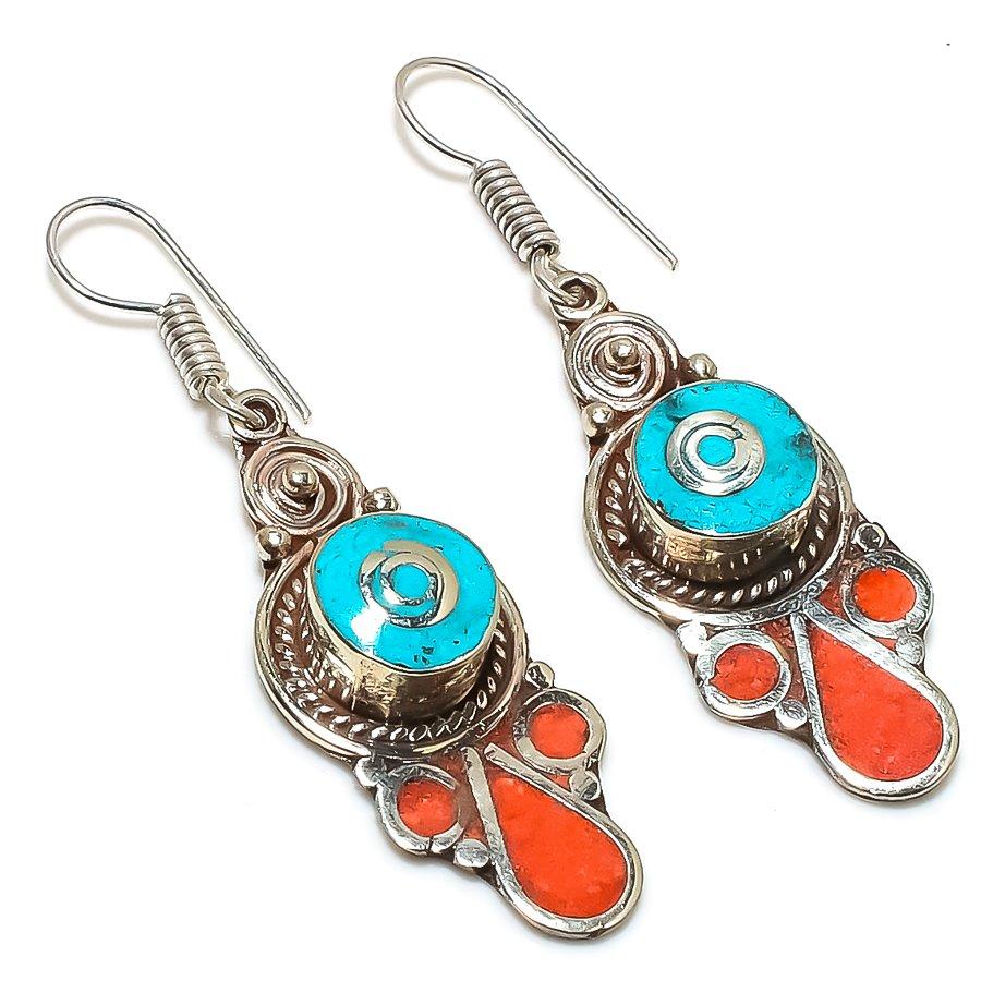 Tibetan Turquoise, Coral Gemstone Handmade Jewelry Earring 2.40" R1k82