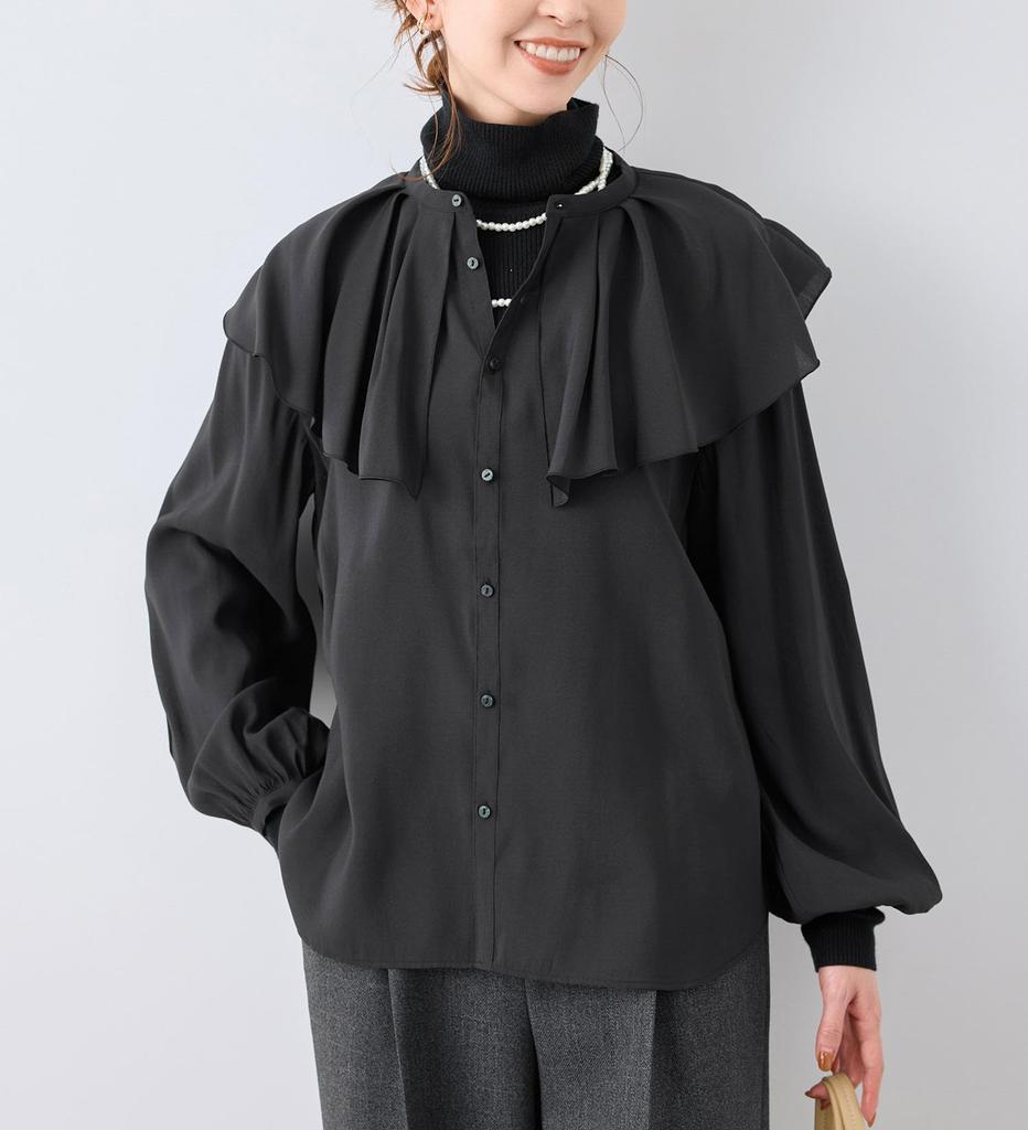 ROPE PICNIC Frill Collar Black Women's Blouse, (01)