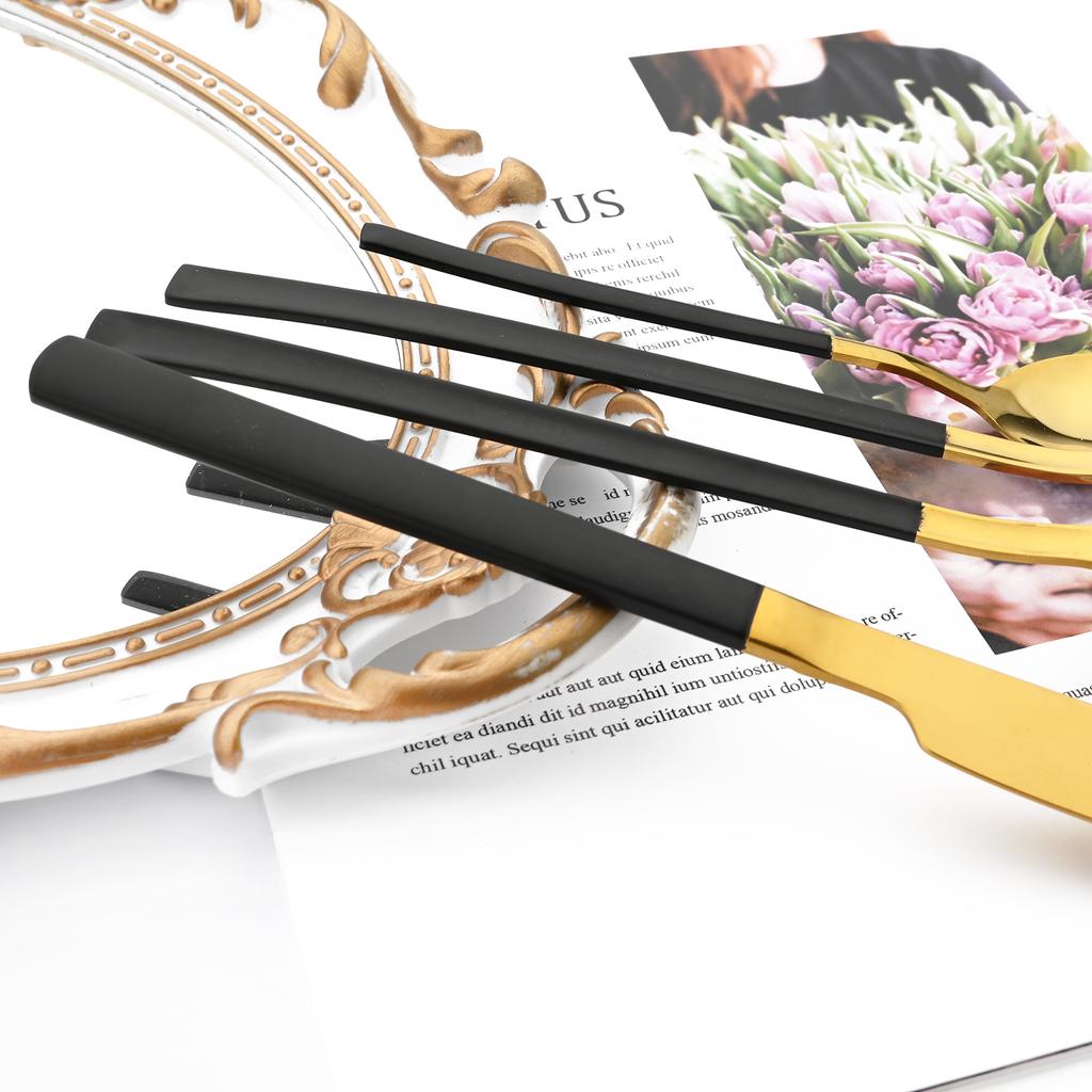 Jankng 16 шт. черные столовые приборы с золотой строчкой, набор посуды из нержавеющей стали, кухонный домашний набор столовых приборов в западном стиле, нож, вилка, ложки, набор посуды