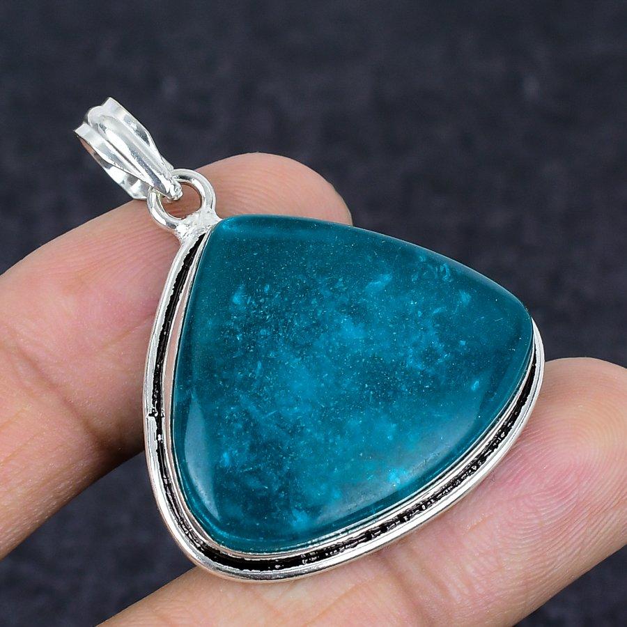 Blue Amber Ethnic 925 Sterling Silver Jewelry Pendant 1.77" U2R15