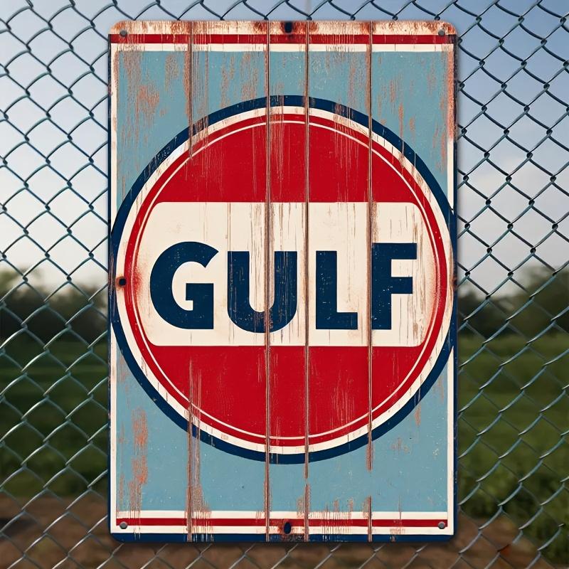 Vintage Metal Tin Sign Retro Gas Station Wall Art with Distressed Blue BackgroundRed Border Iron Material Rustic