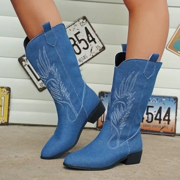 Women Fashion Slip On Knight Boots Ladies Autumn Winter Thick Sole Knight Shoes Pointed Toe Square Heel Embroidered Cowboy Boots