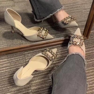 Женские осенние новые туфли на тонком каблуке, с острым носком, с неглубоким вырезом, с хрустальной пряжкой, нескользящие туфли на высоком каблуке