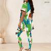 Women Plus Size Striped Printed Round Neck Short Sleeve Two Piece Set Long Top And Fitted Pants