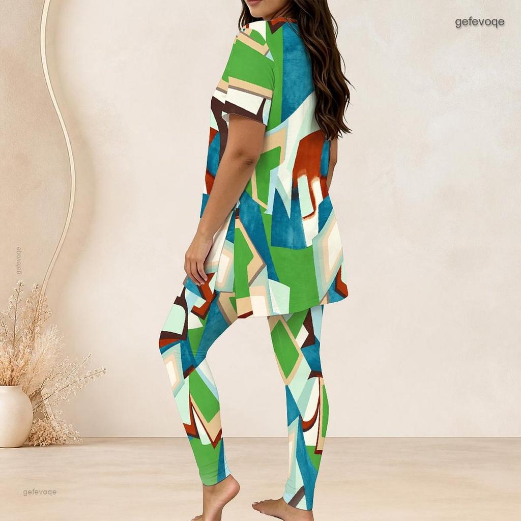 Women Plus Size Striped Printed Round Neck Short Sleeve Two Piece Set Long Top And Fitted Pants
