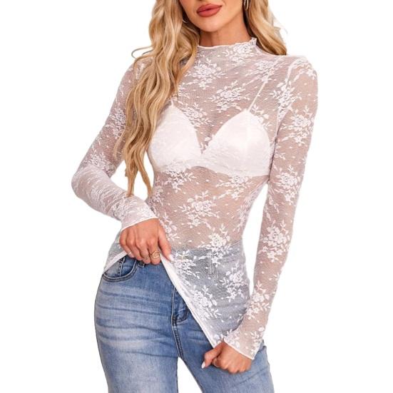 Женские прозрачные сетчатые кружевные топы Сексуальная рубашка с цветочной вышивкой и длинным рукавом Базовые топы Универсальные просвечивающие