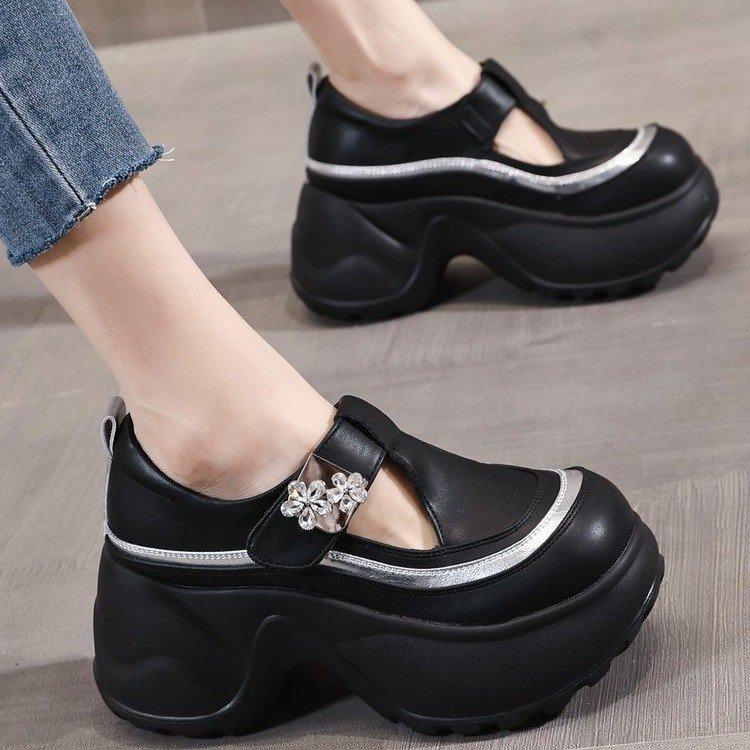 Soft Leather Thick Sole Inner Height Increase Leather Surface Single Shoes Women's Autumn 2025 New Breathable Slope Heel Casual Hollow White Shoes