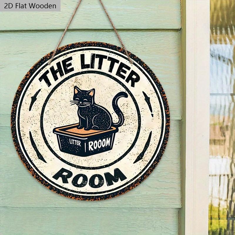 Rustic Wooden Sign with Cute Black Cat Pattern - The Litte Room Round Sign for Pet's Door Hanging Decor - Ideal Home Decoration