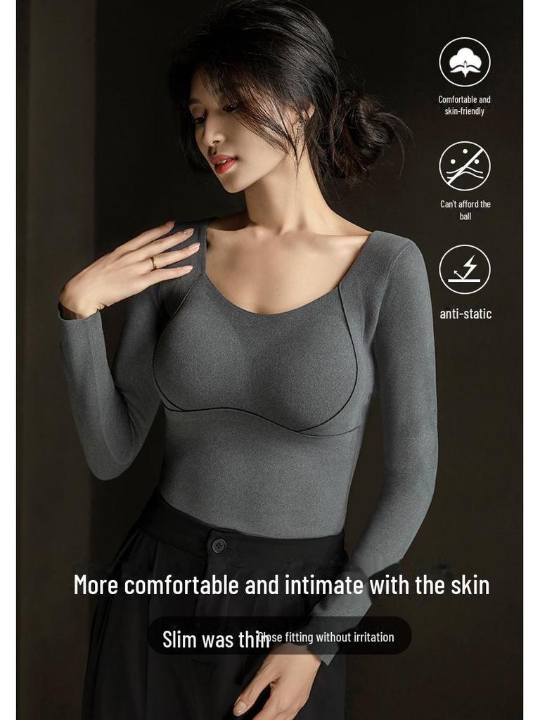 Graphene Long-Sleeve Warm Bottoming Shirt with Chest Pad - Seamless Fixed Cup Inner Top for Women (Autumn/Winter)