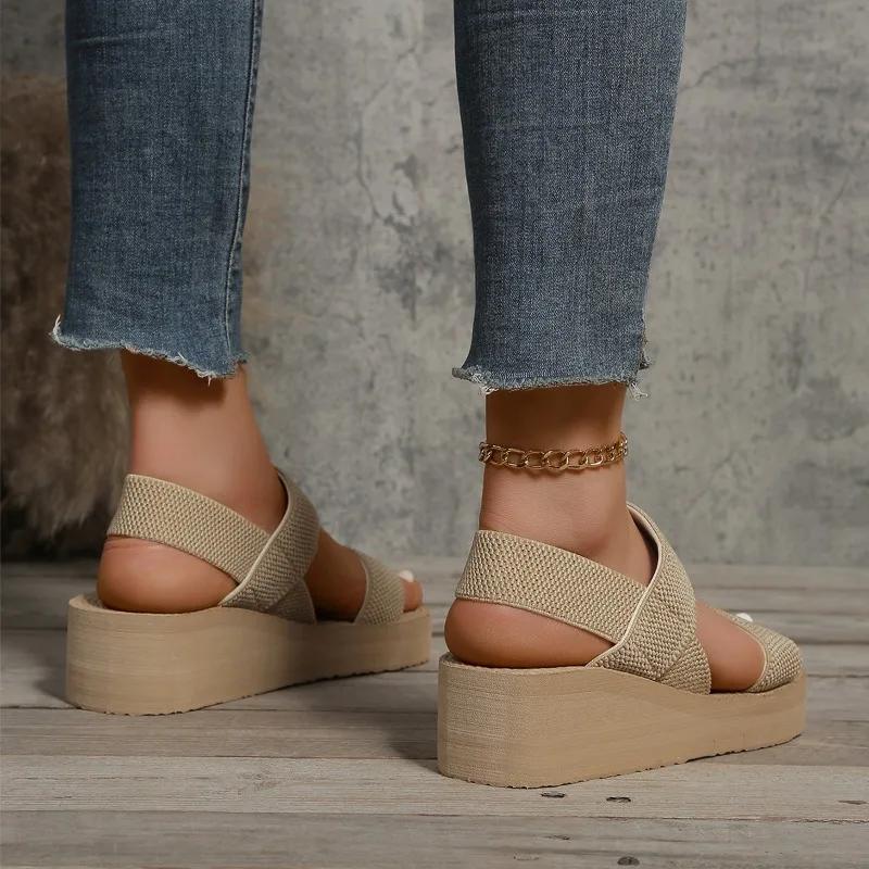 Women's Minimalist Wedge Sandals Open Toe Thick Soled Platform Casual Sandals Ankle Strap Slingback Sandals Solid Color