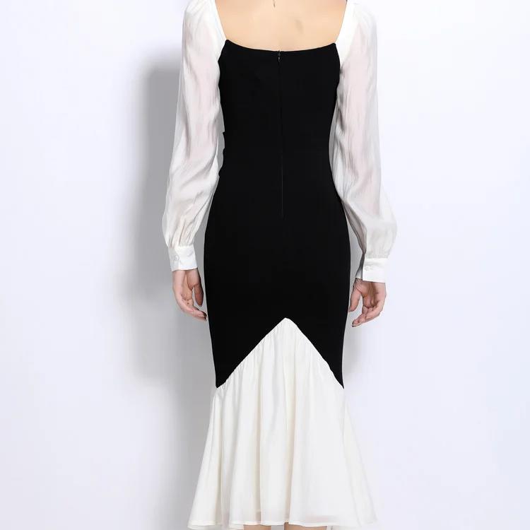 Платье-русалка французского осеннего черно-белого цвета, элегантное женское, с квадратным воротником, рукавами-фонариками, эластичное облегающее платье миди
