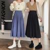 Korean Style Women's Midi Skirt Autumn High-Waisted Corduroy Long Skirt Women College Style Pleated A-Line Skirts
