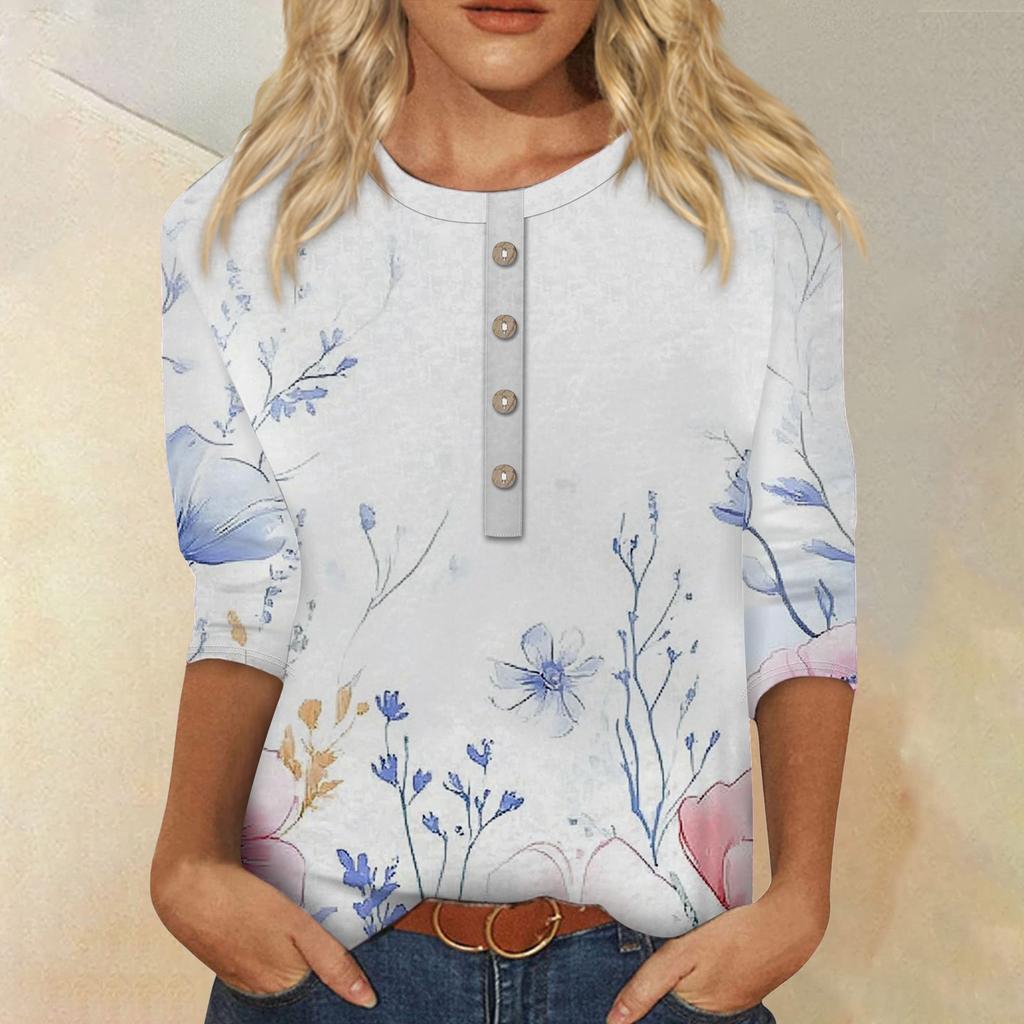Женская мода повседневная 3/4 рукава цветочный принт пуловер круглый вырез топ повседневная одежда