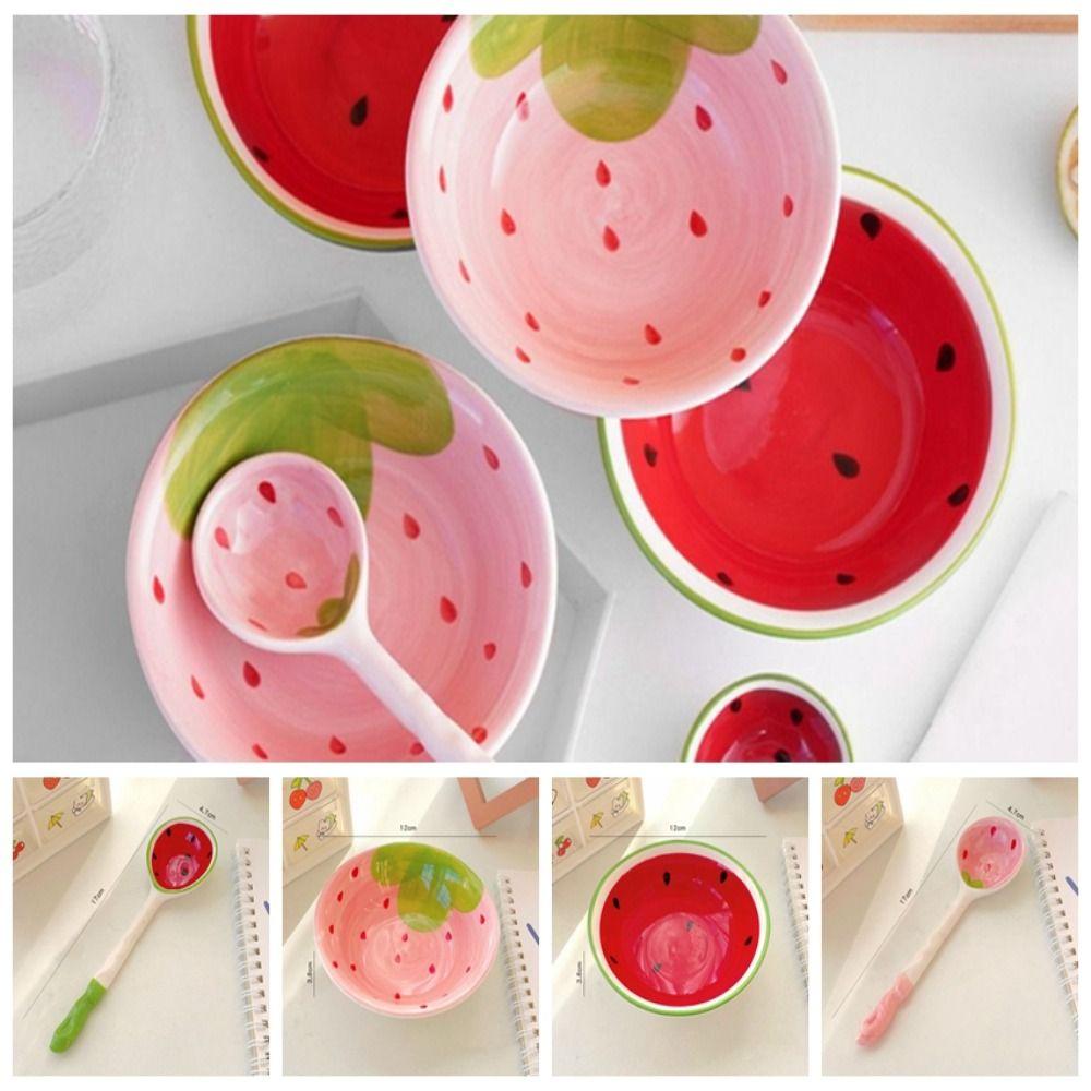 Ceramic Ramen Spoon Watermelon Strawberry Shaped Cereal Bowl Dessert Kitchen