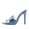 Liyke Fashion Blue Denim Big Butterfly Women's Thin High Heels Slippers Sandal Sexy Pointed Toe Slides Stripper Party Mules Shoe