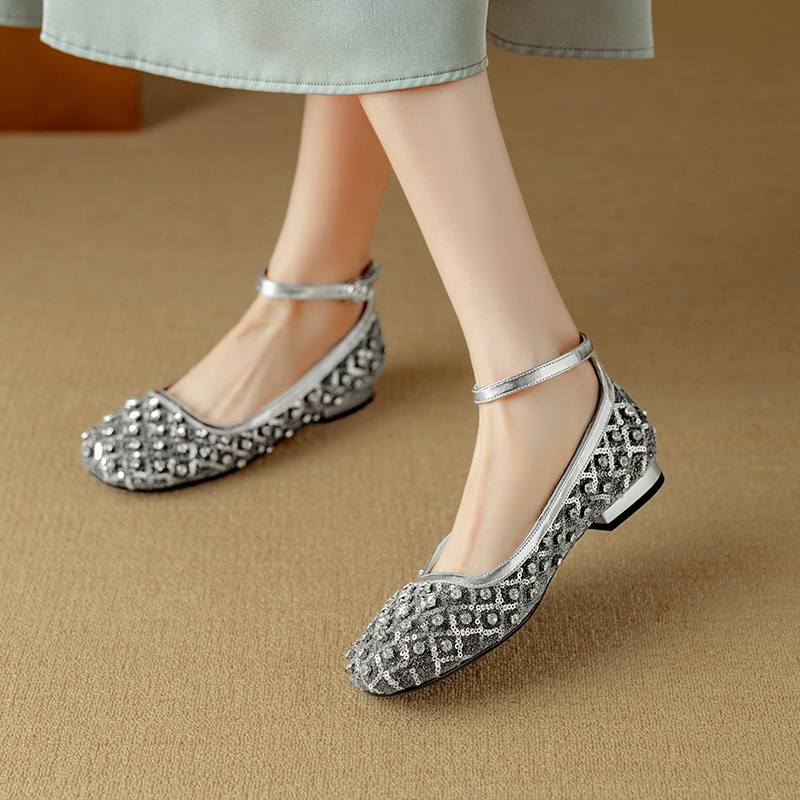 Krazing Pot Трикотаж Овчина Лето Размер 40 Кристалл Низкий каблук Ремешки на щиколотке Стразы Квадратный носок Элегантные Милые Туфли