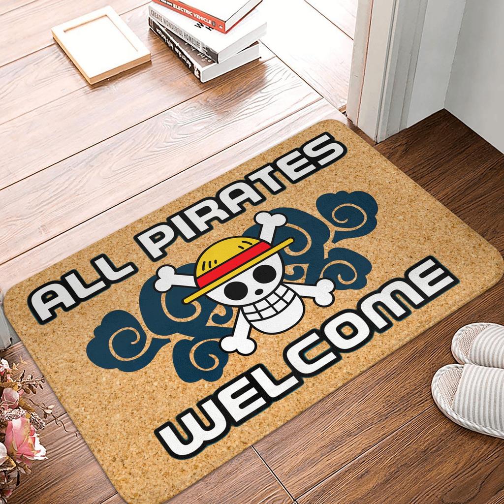 Anime One Piece Front Door Mat Anti-Slip Outdoor Absorbent Straw Hat Pirates Luffy Doormat Garden Garage Entrance Rug Carpet