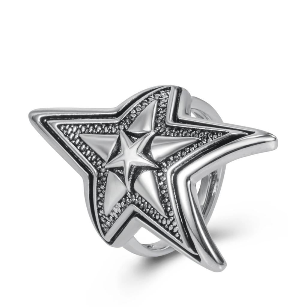 S925 Silver Ring Thai Silver Black Double Layer Overlapping Five-pointed Star Open Ring Punk Retro Men's Trendy Star Rock Ring