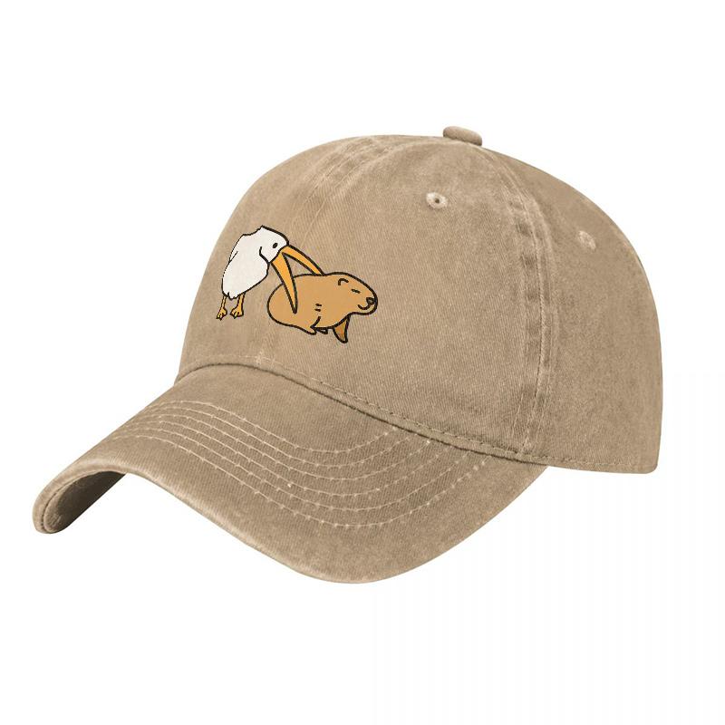 Washed Cotton Baseball Cap with Humorous Pelican and Beaver Design Unisex Adjustable Hat for Outdoor Activities and Casual Wear