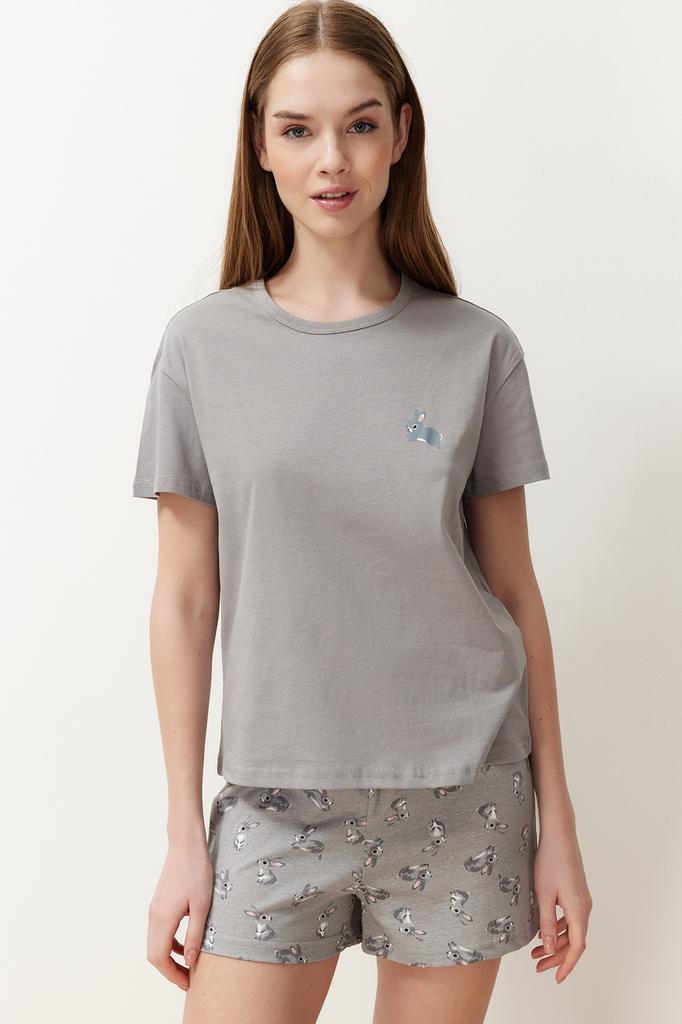 Women's Fashion New Pajama Set Gray Cotton Rabbit Pattern Knitted Pajama Set