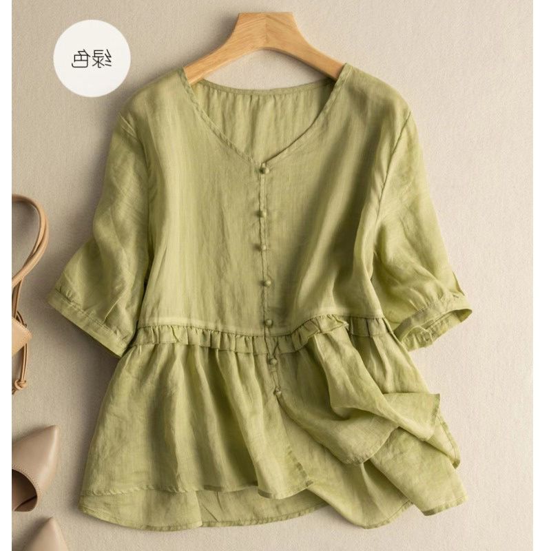 Японская хлопково-льняная женская рубашка с коротким рукавом, свободная и стройнящая, с темпераментным V-образным вырезом, кукольная рубашка-топ
