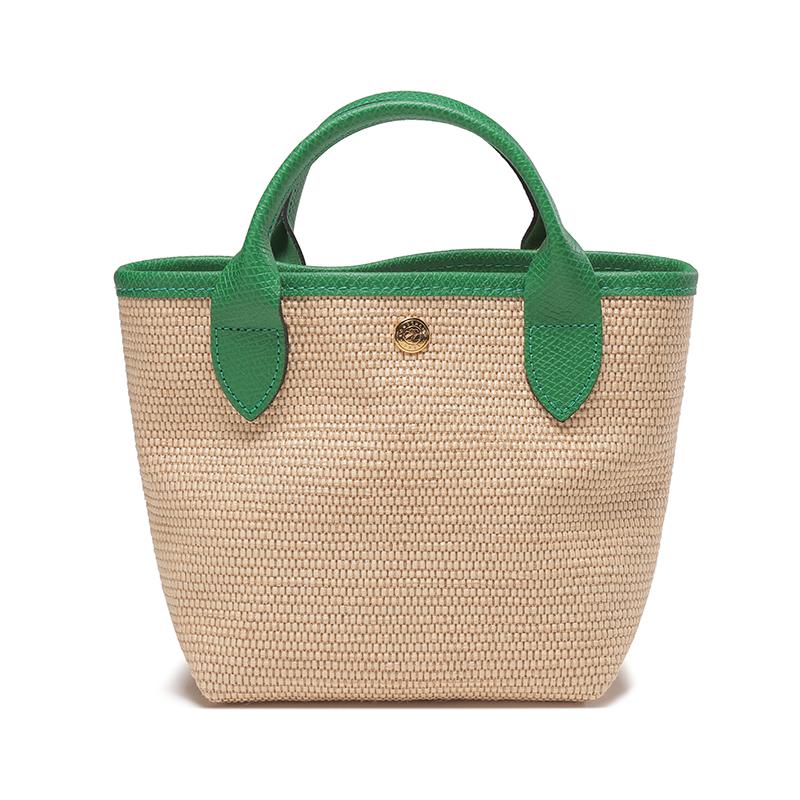 Longchamp Le Pliage Paris 15 Вышитый логотип Цветные блоки Солома Лен Смесь Кожа Пельмень Плечевая сумка-тоут Мини Женские сумки Хаки Зеленый 10162HYT129