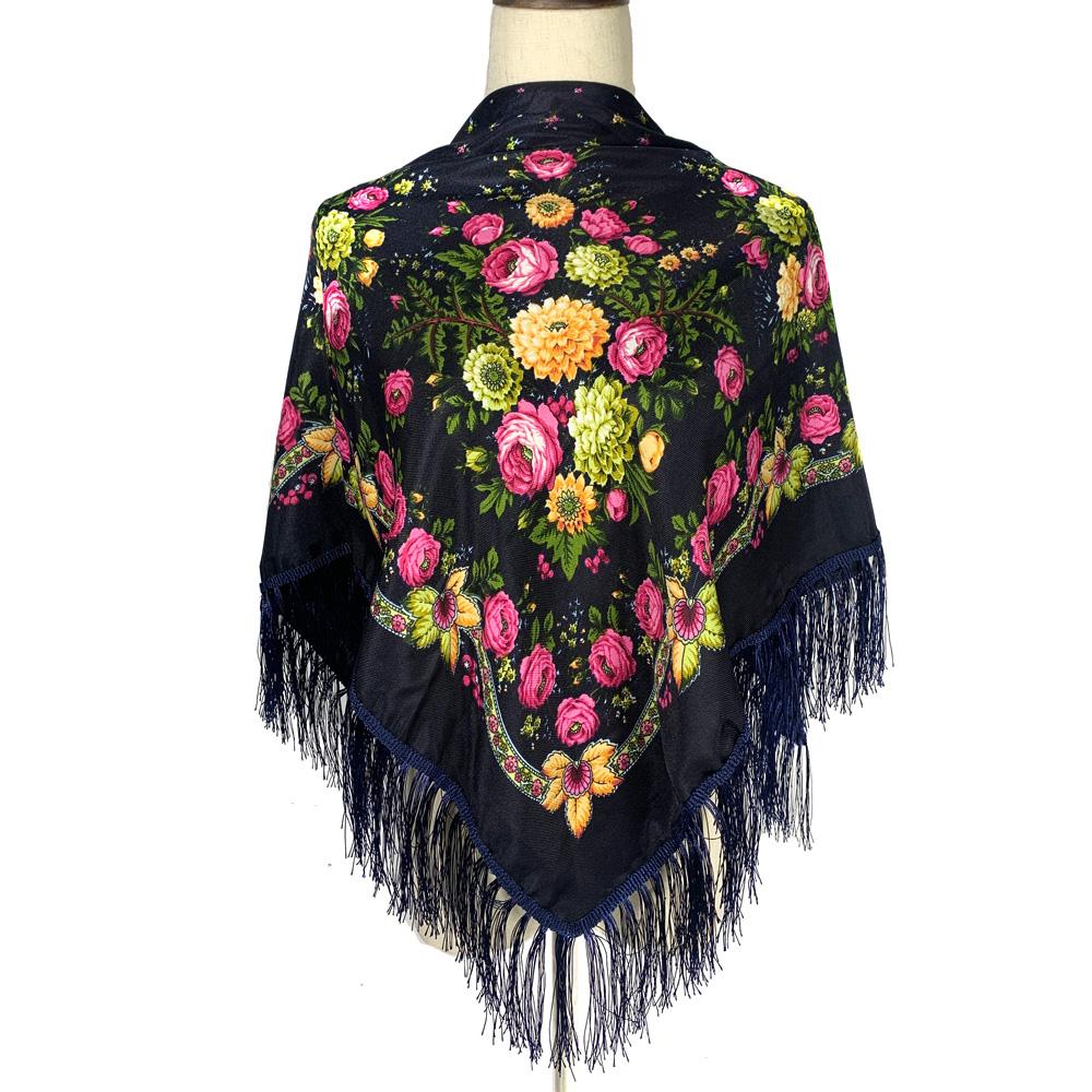Women Retro Ukrainian Fringed Shawl Babushka Bandana Handkerchief Female Head Wraps Russian Floral Print Square Scarf