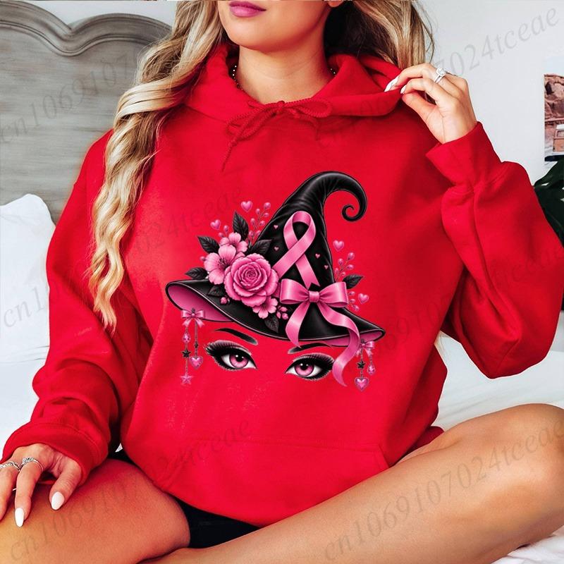 Breast Cancer Awareness Hoodie for Women Pink October Pink Ribbon Witch Hat Bats Graphic Sweatshirt Halloween Pullover Gift Tops