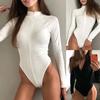 Popular Bodysuit Zipper Neck Solid Color Skinny Briefs Cut Long Sleeve Fitted Bodysuit