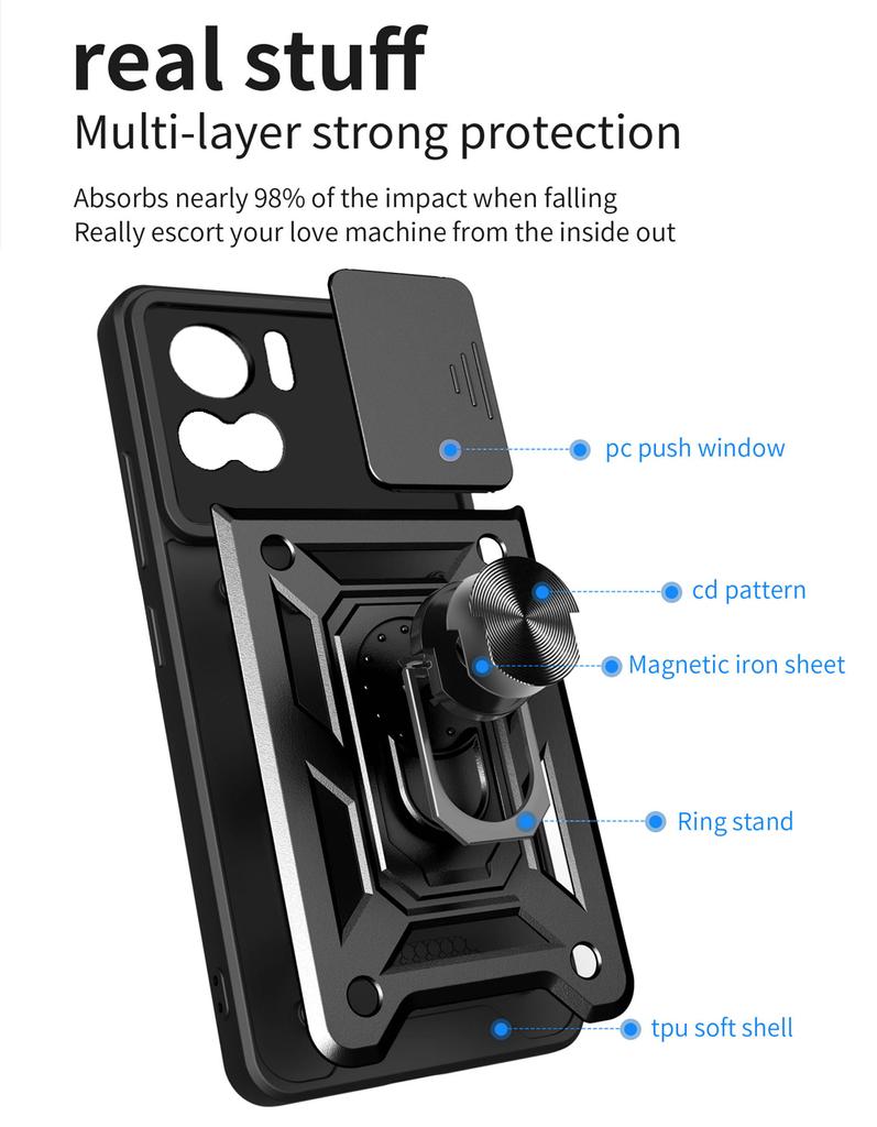 Armor Push Window Phone Case For Xiaomi 12T Pro Poco C40 M5 M4 Redmi K50 Ultra Note 11 Prime 11E 10 A1 Plus Power 5G 4G Cover