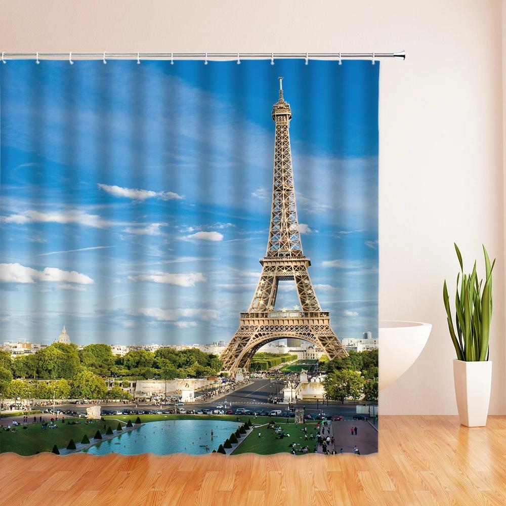 Eiffel Tower Paris Scenery Shower Curtain Vintage Scenery Cherry Blossom Butterfly Polyester Fabric Bath Curtains Bathroom Decor