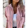 Women's Spring and Autumn Solid Color Simple Corduroy Jacket Ladies Long Sleeve Hooded Plus Size Tops