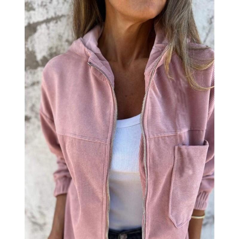 Women's Spring and Autumn Solid Color Simple Corduroy Jacket Ladies Long Sleeve Hooded Plus Size Tops