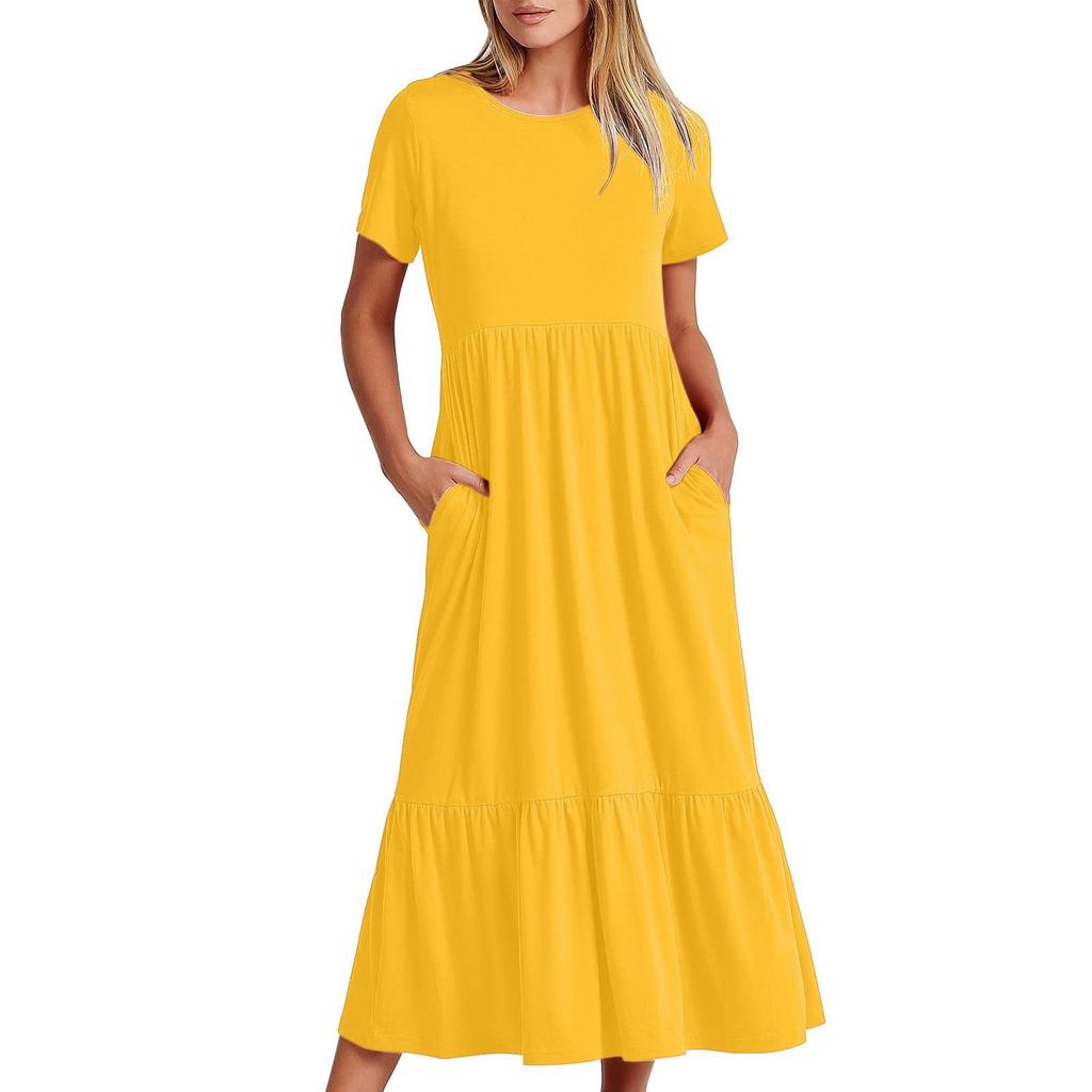 Women's Summer Casual Short Sleeve Crewneck Swing Dress Flowy Tiered Maxi Beach Dress With Pockets