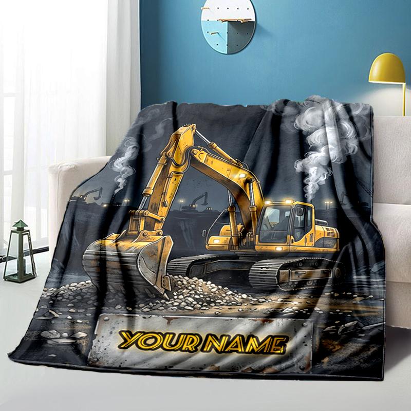 1PC Custom Name "Excavator Action" flannel blanket versatile,all-season throw suitable for the living room,bedroom,camping,travel,and gift