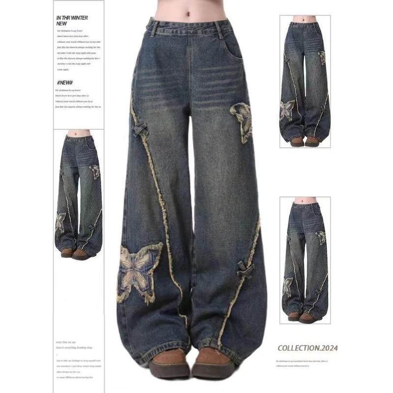 Американские винтажные широкие джинсы с застежкой-бабочкой сбоку, женские осенне-зимние дизайнерские брюки с высокой талией и свободными брюками длиной до пола
