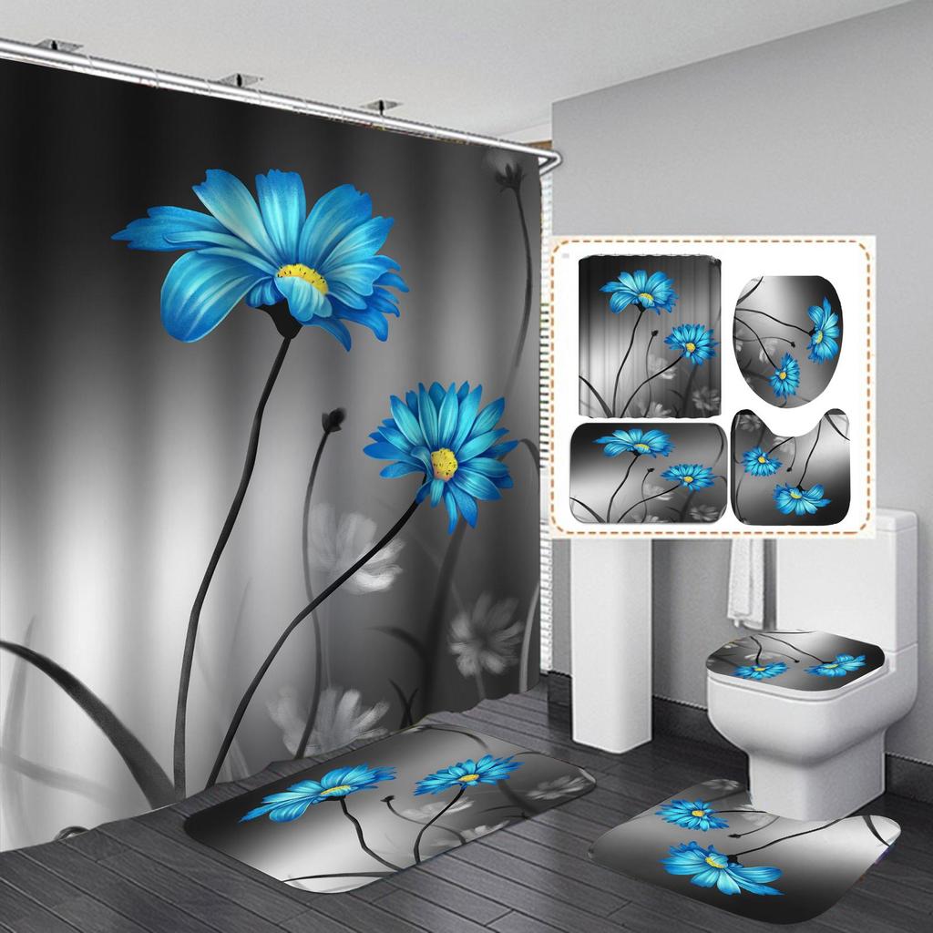 4 PCS Full Set Bathroom Set Shower Curtain Bath Non-Slip Floor Mat Carpet Home Bathroom