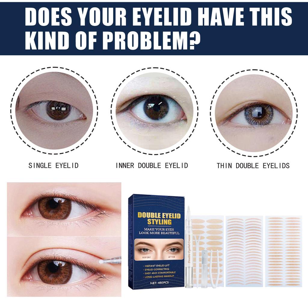 Лента для век, 480 шт. полосок для подтяжки век, водонепроницаемые полоски для двойных век, мгновенная подтяжка век для сильно обвисших, неровных, нависших, моно-веков 2 мл