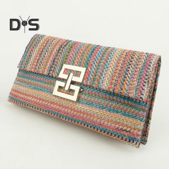 Women Clutch Bag Envelope Shape Bohemian Style Foldable Double-layer Straw Braided Solid Color Portable Summer Beach Vacation Handbag