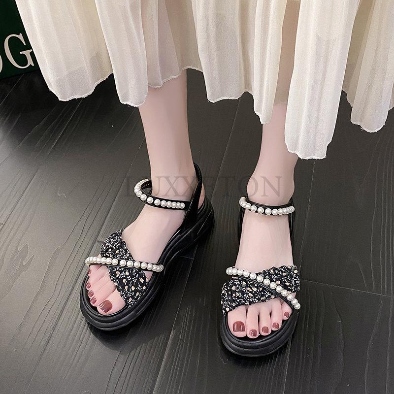 Sandals Flats Platform Casual Shoes Women New Fashion Beaded Ladies PU Leather Walking Shoes Open Toe Non Slip Zapatillas
