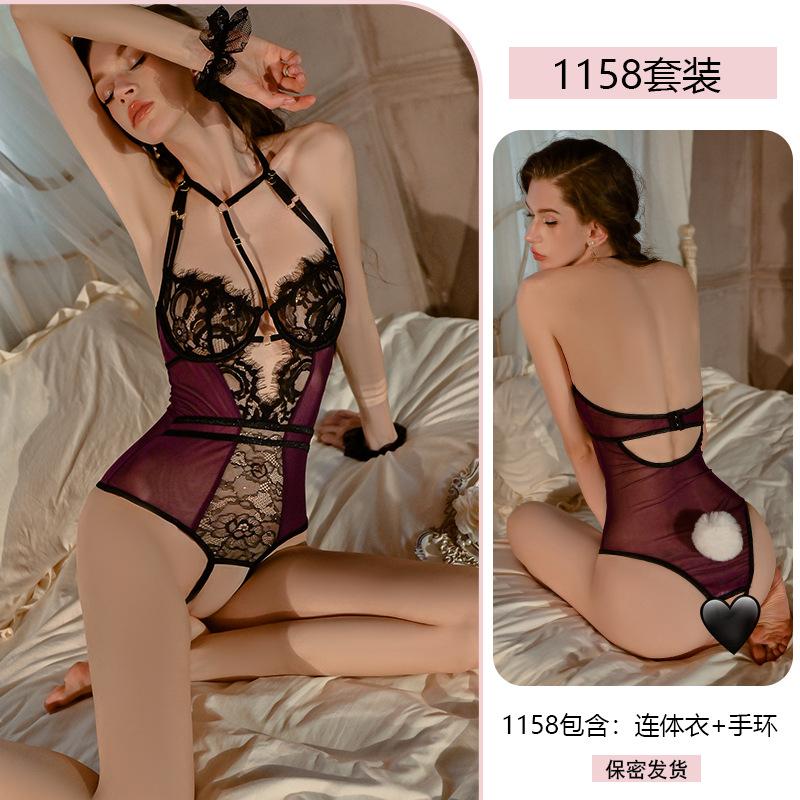 Sexy Sexy Onesie Women's Steel Ring Gathers Lace Seduction Crotch Uniform No-take Pajamas 1158