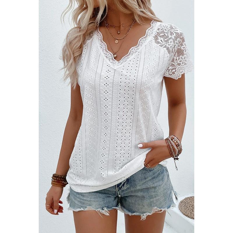 Летняя кружевная лоскутная футболка с короткими рукавами для женщин, универсальный пуловер с V-образным вырезом для женщин, футболки женские