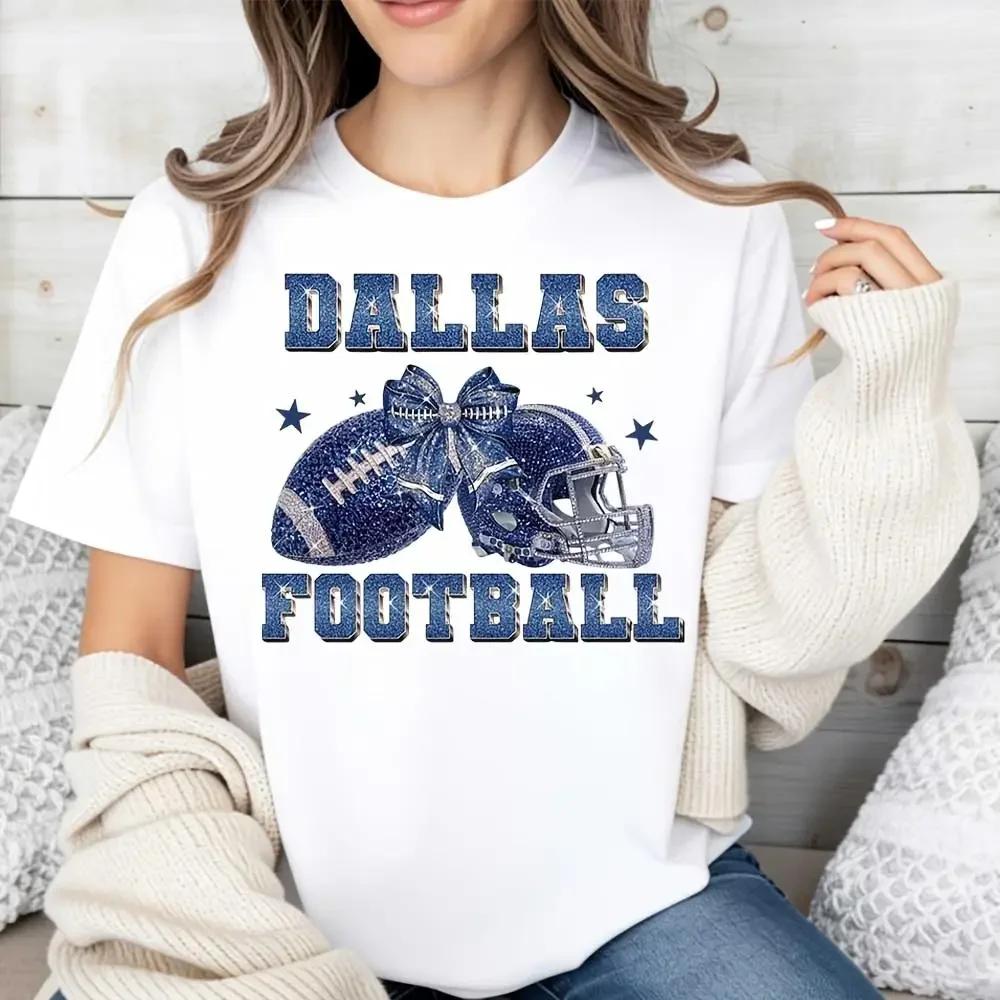 Dallas Football Glitter Helmet And Ball Bow Print Women T-Shirt, NFL Team Spirit Fan Apparel, Casual Game Day Wear