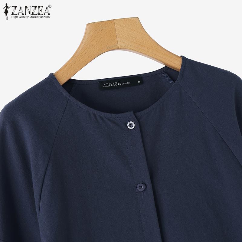 ZANZEA Женские летние рубашки с круглым вырезом и коротким рукавом