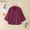 Women Turn Down Collar Loose 3/4 Sleeve Cotton Blouse