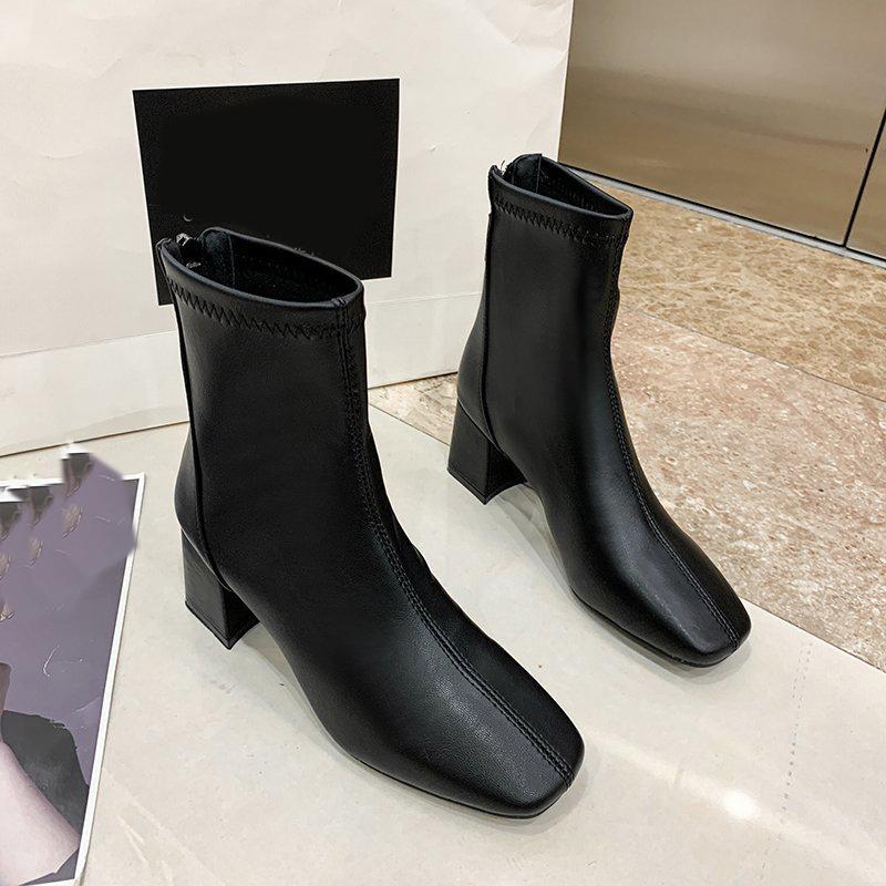 Женские однотонные модные туфли на высоком каблуке с застежкой-молнией сзади Модные ботинки Высокие ботинки Кожаные туфли Ботинки средней высоты Женская обувь